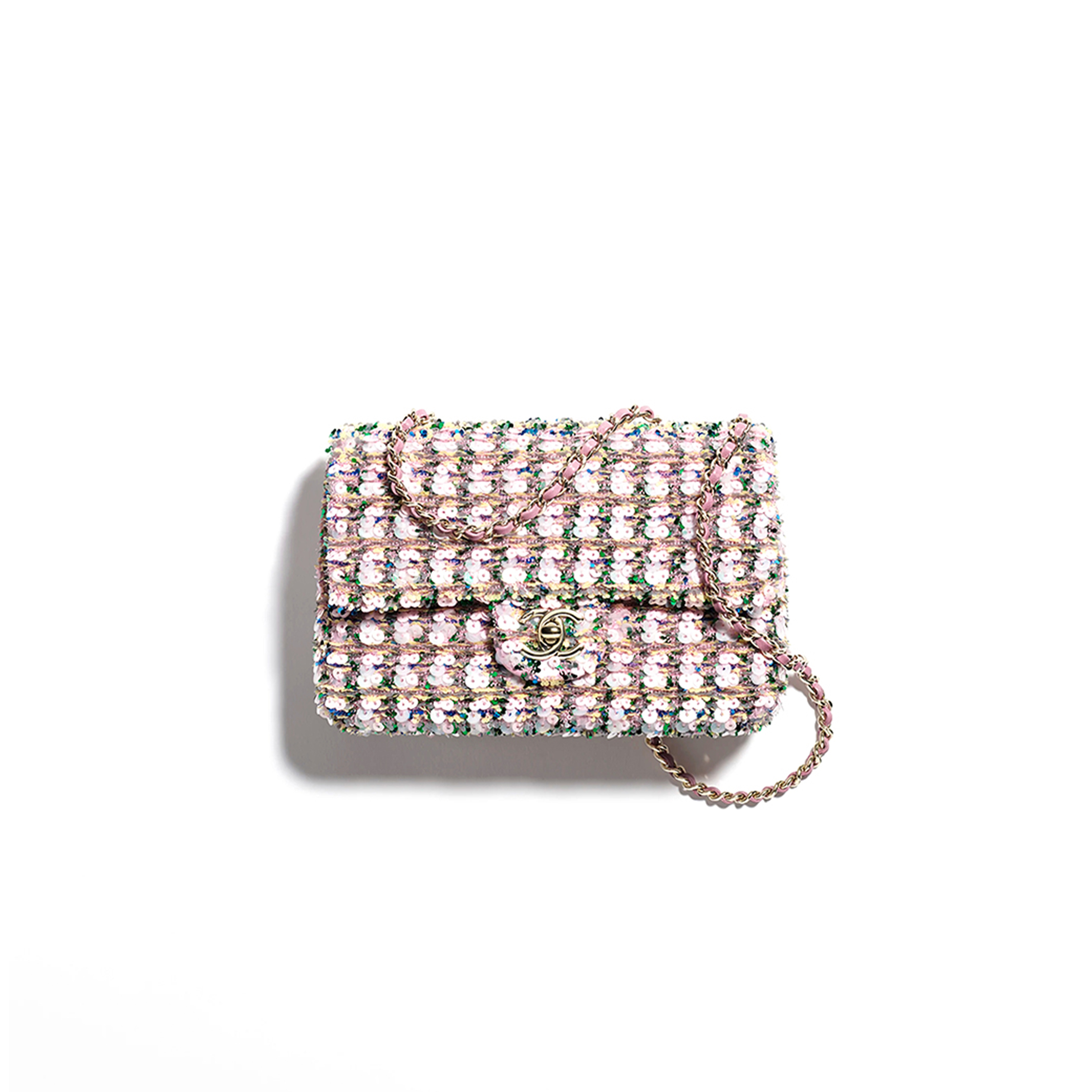 Ch*el flap bag sequins & gold-tone metal light pink, green & yellow as4561 (21*14*8cm)